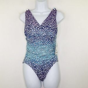 Athena Womens 10 One Piece Swimsuit Flattering Fit Ruched Confetti Blue NWT AL37